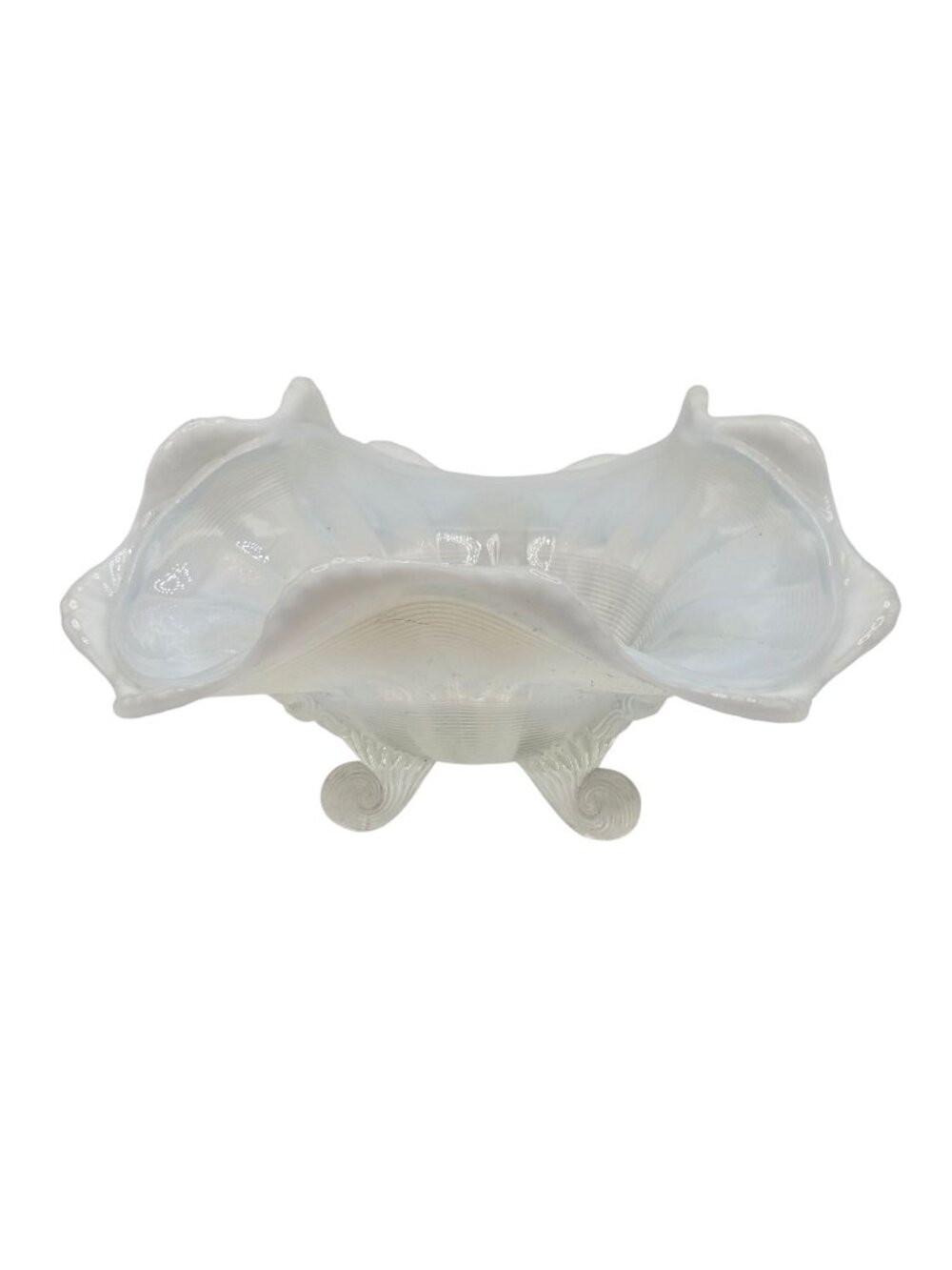 Vintage Northwood Opalescent Ruffled Glass Bowl Scroll Feet Decorative Dish